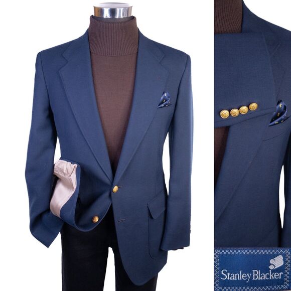 Stanley Blacker Blazer Mens Navy Blue Gold Button Suit Jacket Coat Size 40 R - Picture 1 of 14